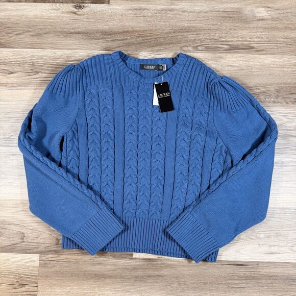 Lauren Ralph Lauren Sweater XXL Blue Cable-Knit Cotton Crewneck Puff Sleeve NWT - Picture 4 of 12
